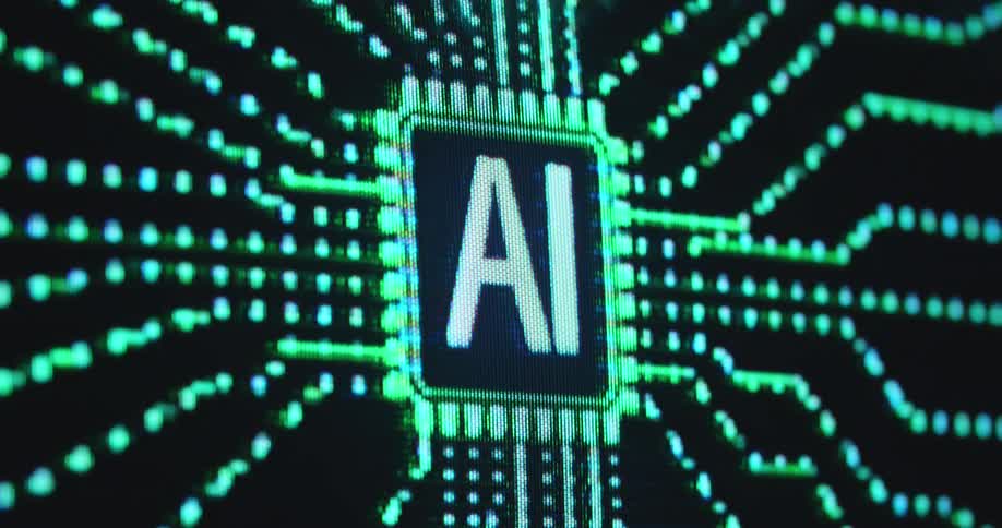 An artificial intelligence is replacing human labor or work force by fulfilling everyday tasks based on machine learning and computing power visualized by green data moving in the digital network