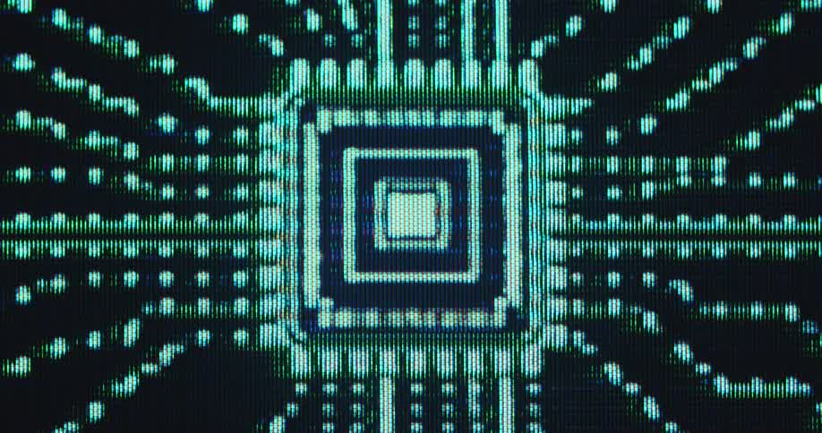 Extreme macro close-up of a green computer chip animation with several data lines or cables leading to the centre of the mainboard hardware processing data inflow with powerful CPU and GPU and a digital software or operating system