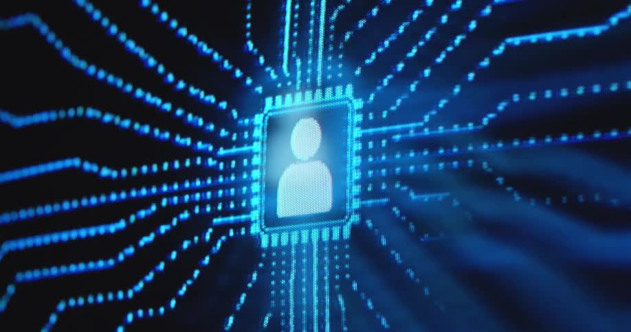 White user icon with abstract blue data lines around it as visualization of a user profile creating an online identity on social media internet platforms while being connected with each other 24/7 in the digital world
