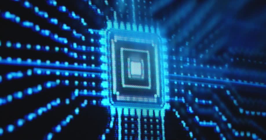 A pixelated tube tv screen displays a 2D animation of a computer chip set or printed circuit board with processor and diodes connected via data lines as information flows through the cables while being transmitted