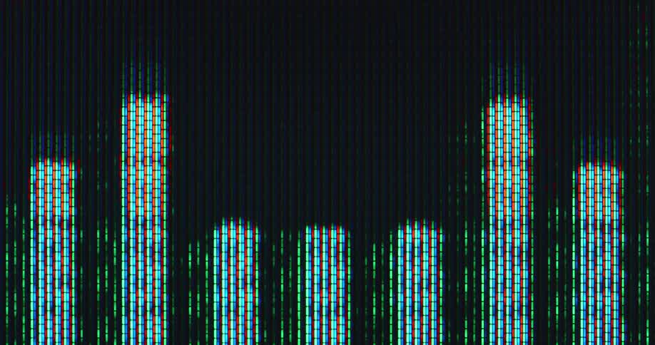 The green pixels of a retro display device show the tips of sound bars from a 2D equalizer motion graphic animation as the sound waves move up and down with the different frequencies