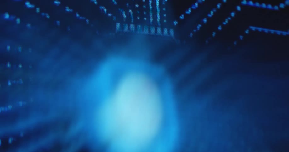 Animation of a computer chipset with a human brain inside the square as dotted lines lead to the chip representing neural connections and the power of neuroscience creating humanoids and robots run by AI