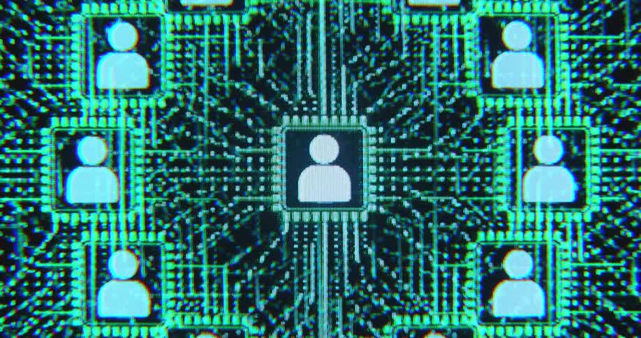Several user icons connected by data lines of an internet network visualizing the global and international interconnectivity of our modern society in the digital world characterized by online social media platforms