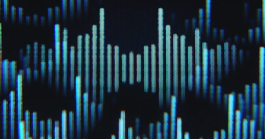 Dynamic animation of several equalizers with countless sound bars displayed on pixel screen as visualization of an audio signal or sound recording of sonic waves or waveforms at high volume causing noise and distortion