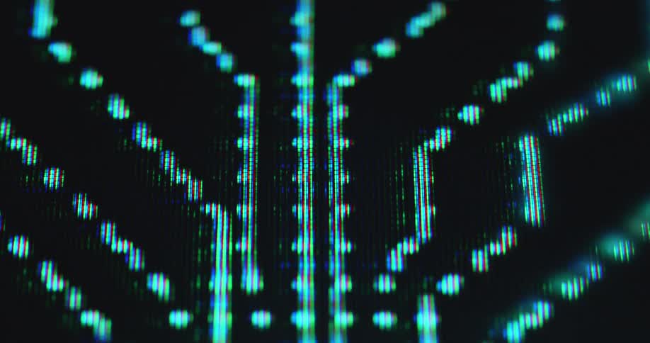 Several electric green colored lines passing through a pixelated screen with a black background as visualization of digital data or information being process by a search algorithm or an artificial intelligence creating generative results