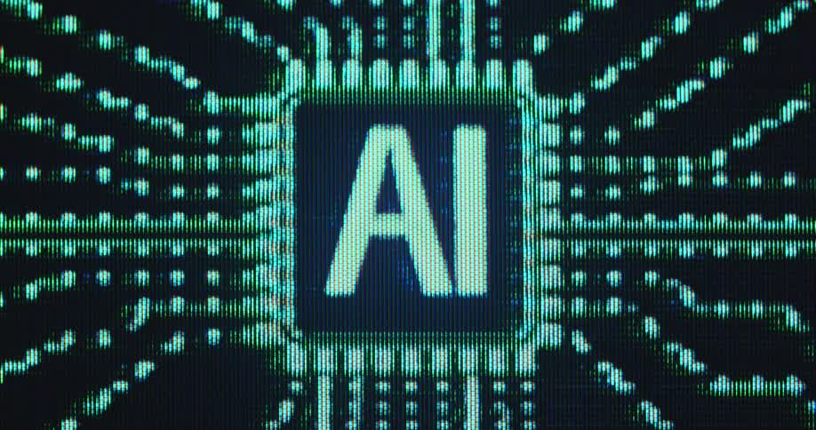 Macro close-up of a green pixelated computer monitor that displays an AI labelled chipset or main board as the processor of the Artificial Intelligence is loading search results from the internet data base