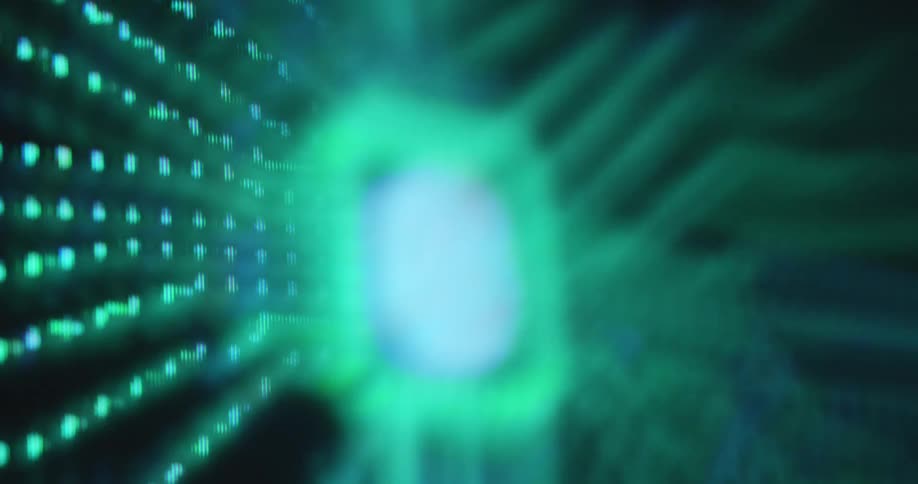 Icon of a digital brain with greenish and blue lines against a black background processing speech recognition and applying machine learning while expending the awareness and knowledge of the generative AI