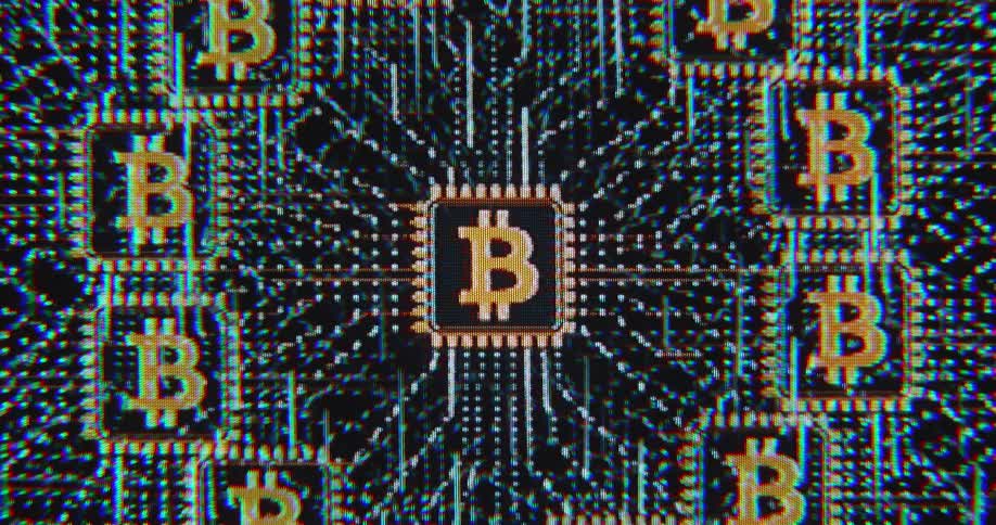 Digital animation of a computer chip with a BTC logo visualizing Bitcoin mining with several connected computers and servers creating a decentralized network through blockchain technology and crypto currencies as the future of finance
