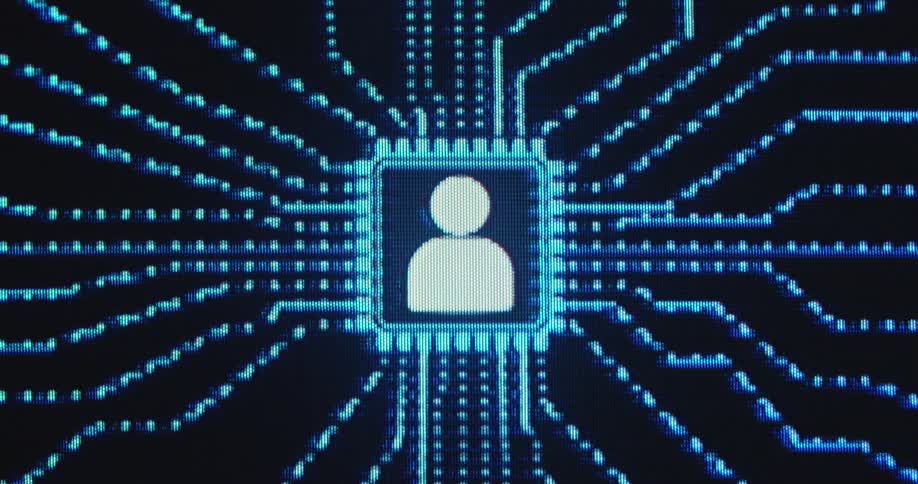 White user or person symbol placed on the center of attention and of a printed circuit board animation on a dark screen while data flows together through different inputs shaping a digital online identity in a virtual reality