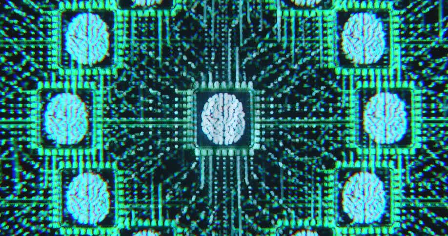 Psychedelic symmetrical animation of central illuminated human brain surrounded by network of interconnected digital brains against a black computer background as symbol for brainstorming or an AI mastermind