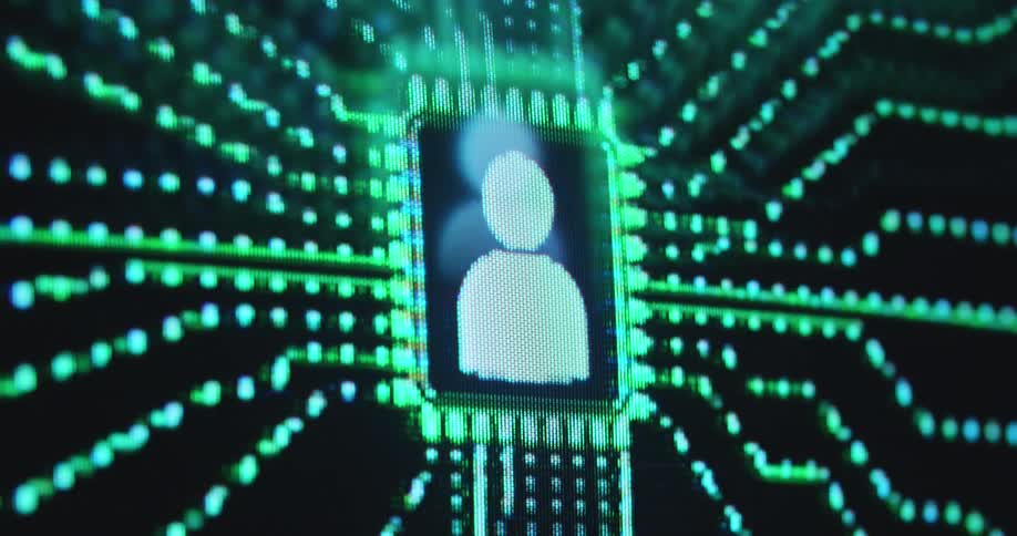 Pixelated pc monitor or screen displaying a person symbol or user icon placed on a computer chip or printed circuit board while the data flow symbolizes or visualizes the interaction and communication via social media platforms