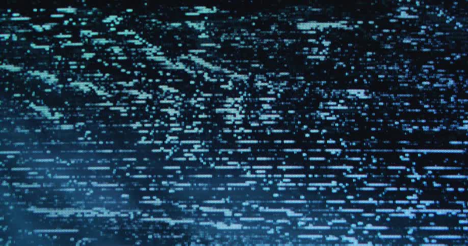 Horizontal glitch bands of blue white and black form a digital static noise pattern of signal interference across a dark screen interrupting the transmission on a digital computer display flickering with distortion and errors