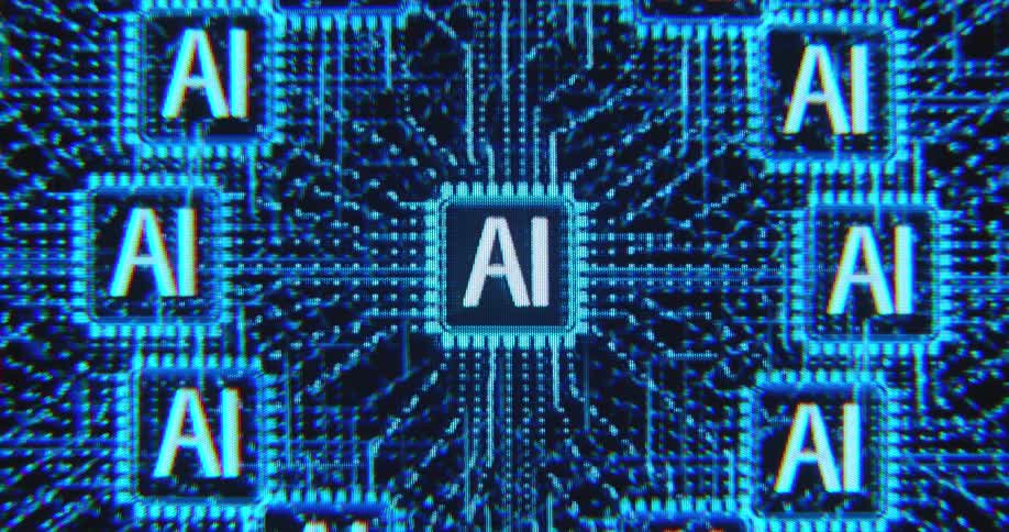 Several blue computer chips with AI icons are connected vie digital data lines and wires as information is being exchanged and processed by the online network based on computing power before the animation starts spinning