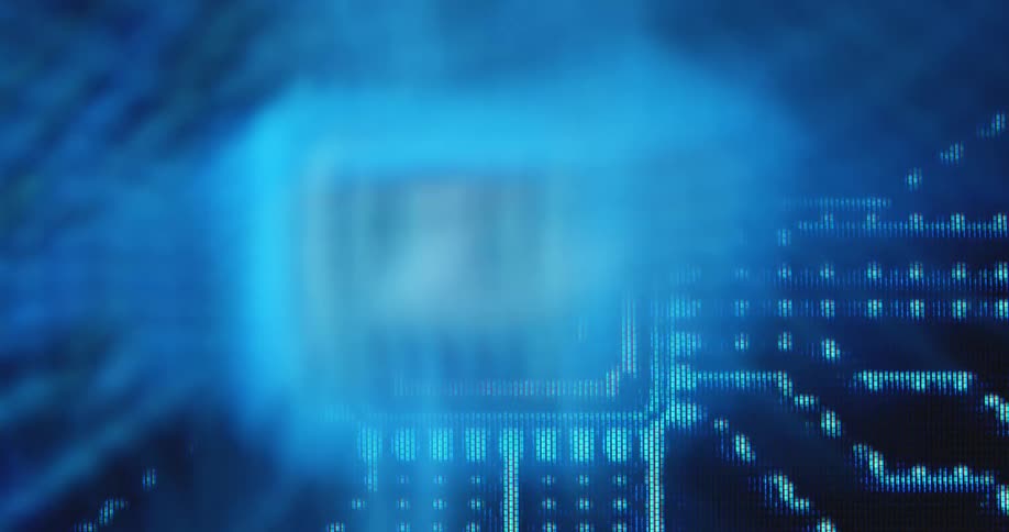 PC Screen with pixel RGB panel displaying an abstract animation of a computer component or processor chip with blue lines as symbol for data transmission or downloading files from the internet