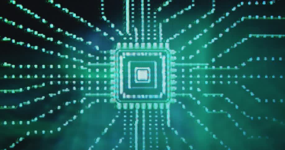 A digital representation of a green PC microchip animation that goes out of focus before regaining clarity with glowing circuit lines and data flow as visualisation of information technology and computer programming