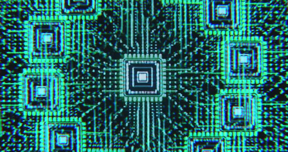 Animation of circuits or computer chips connected by data lines sending receiving collecting gathering and processing data streams and flows visualized or symbolized by neon green light dots