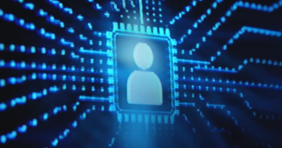 Animation of a computer chipset on display with a series of blue dotted line patterns leading to the processor chip with a human emoji or user icon collecting data and information for an online identity on social media internet platforms