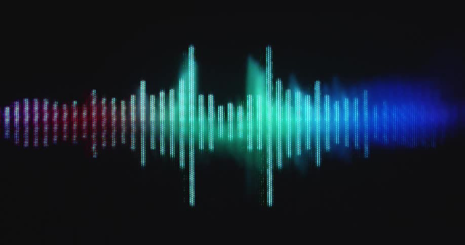 The colourful 2D animation of an equalizer screen displaying the sound bars moving in front of dark background with bright neon light and contrast as a symbol or visualization of the sound of audio files or recordings