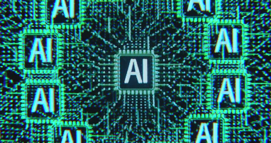 Abstract animation of connected artificial intelligence boards or computer chips with AI symbol connected through countless data lines and connections world wide creating a computing power network