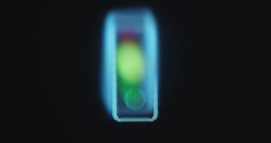 Pixelated RGB screen displays an animation of a traffic light with a flashing yellow light as symbol for a general warning signal or sign because of imminent danger in the digital internet age or era with many dangerous threats