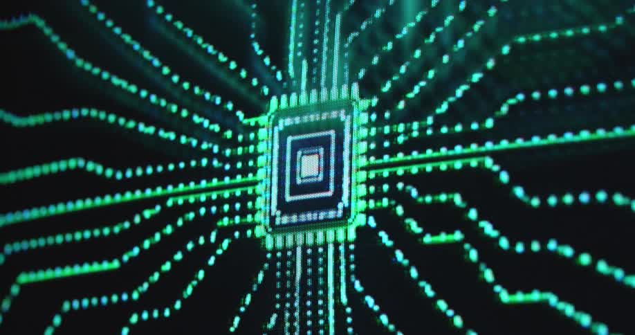 Abstract glowing green light dots resembling a digital portal or data stream moving toward a generic computer chip set or processor as visualization for info transmission and transfer by pc hardware with compute power