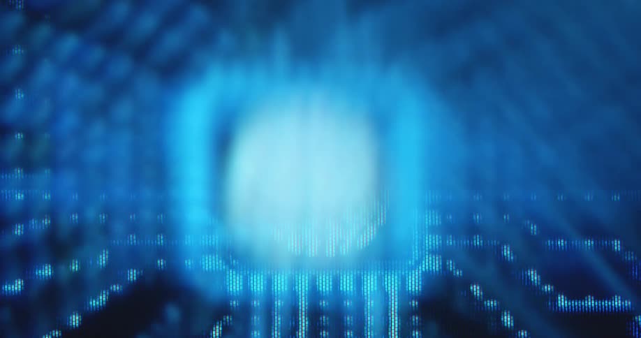 Extreme macro closeup of icon or symbol of a brain with abstract blue data lines connecting the AI or Artificial Intelligence computer chip to the digital world and online network to generate results and process information
