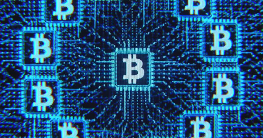 Various servers or chips with Bitcoin logos are connected creating the network of the crypto currency BTC as modern symbol for decentralization while blocks are being mined all over the world through an exchange of data