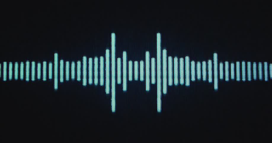 Sound or audio voice recording is displayed on a 90s PC or computer with a tube screen device as the sound bars or waves move to the beat of the dance music being played at high volume visualized by the audio level indicator