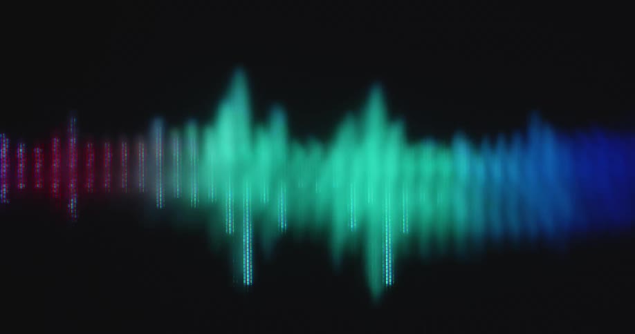 Screen displaying voice recording from a sound studio signals in blue and green coloration as the soundwaves in all frequencies at high volume make the sound bars of the equalizer animation move up and down