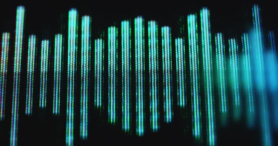 Screen displaying or visualizing a sound noise music or voice recording with a green and tech blue animation of an EQ or equalizer graph with sound bars jumping up and down to the beat as the sound waves move