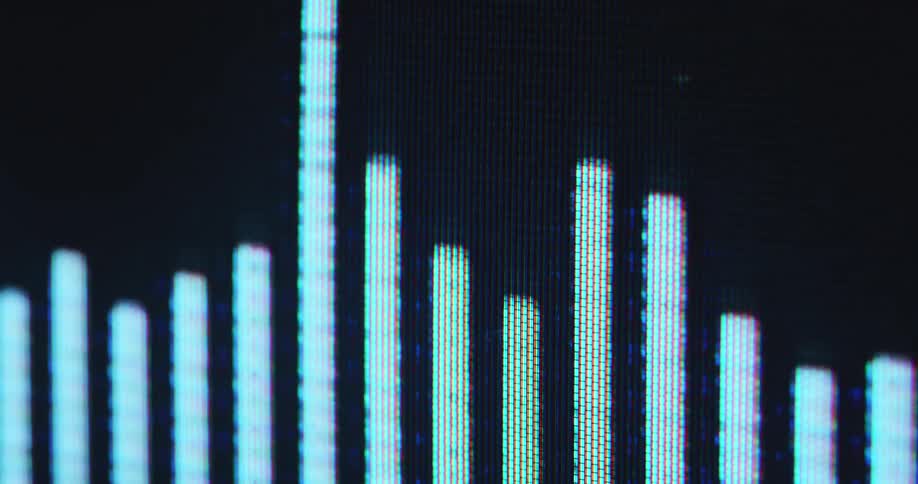 The white sound wave bar animation jumps and moves up and down with the song while the music track or audio book is being recorded in a sound studio using vintage recording or hi-fi equipment with a pixel RGB screen
