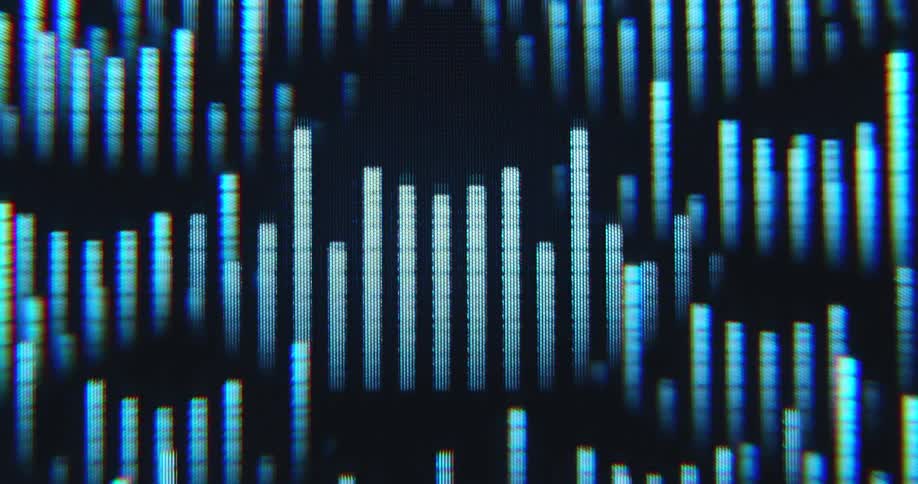 Many duplications of an equalizer animation are displayed on a pixelated computer or tube TV screen as the white bars lined up next to each other are moving up and down to the music beat or sound