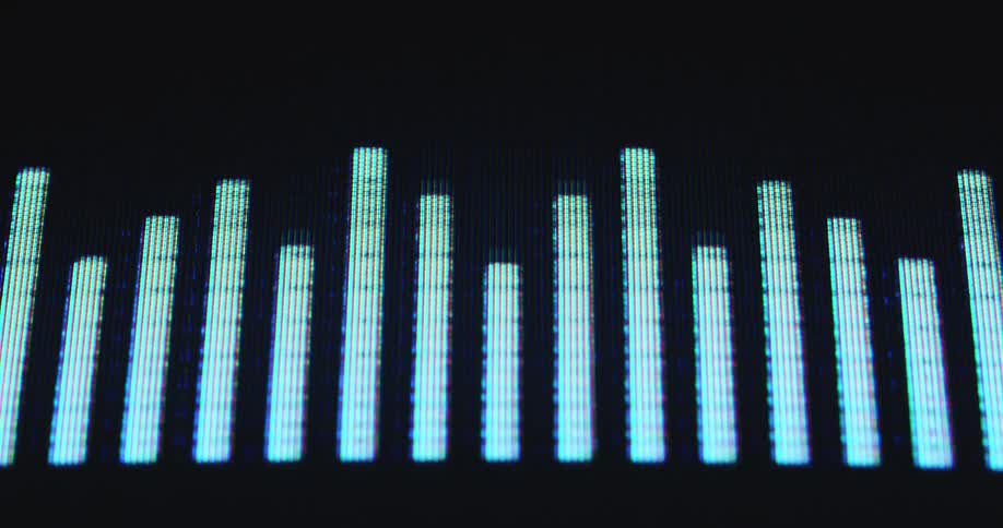 Black and white animation of an EQ or equalizer playing a music bass graph with a fast beat on a digital screen of a pixelated tube TV or television visualizing the sound of the tune or track