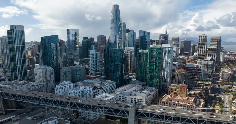 Aerial hyperlapse of San Francisco traffic driving on the Bay Bridge