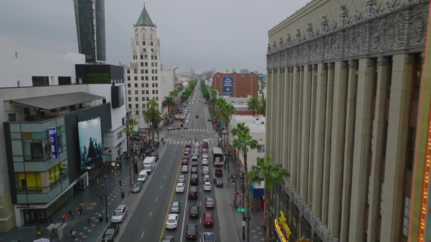 Aerial view of the Hollywood and Highland Boulevard intersection with vehicle traffic on a cloudy day