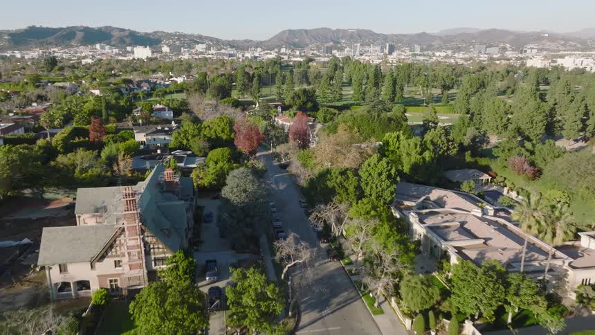 Aerial view of a Los Angeles neighborhood full of trees and homes