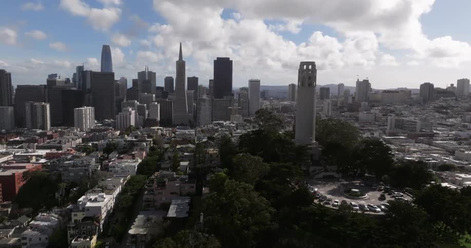 Aerial view of Coit Tower and the San Francisco skyline