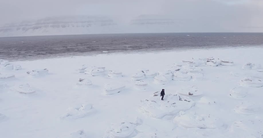 A man carrying a camera walks across a frozen landscape