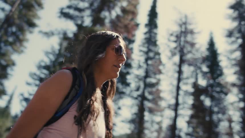 Woman wearing sunglasses and looking happy walking through a forest of tall trees