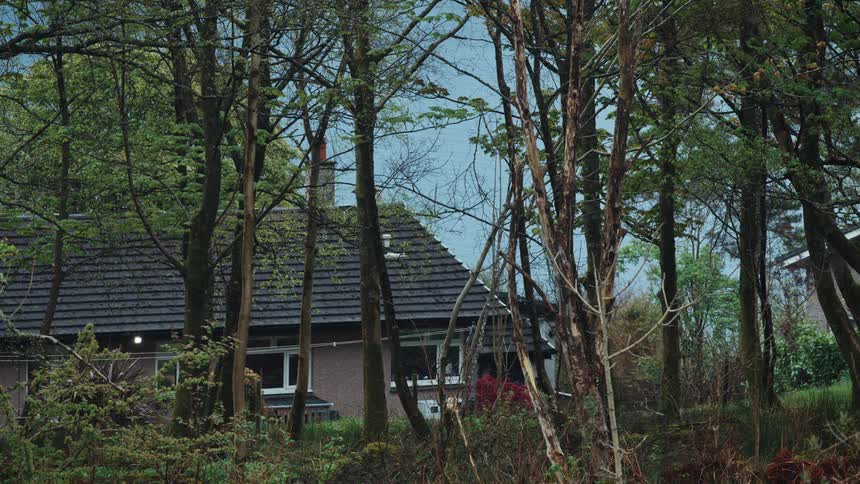 A secluded house sits nestled within a densely wooded forest