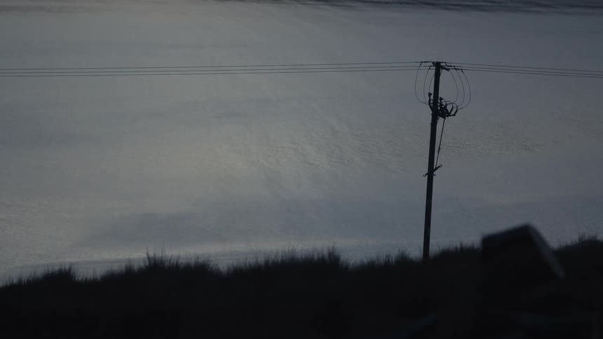 A solitary utility pole stands against a calm silvery body of water at dusk