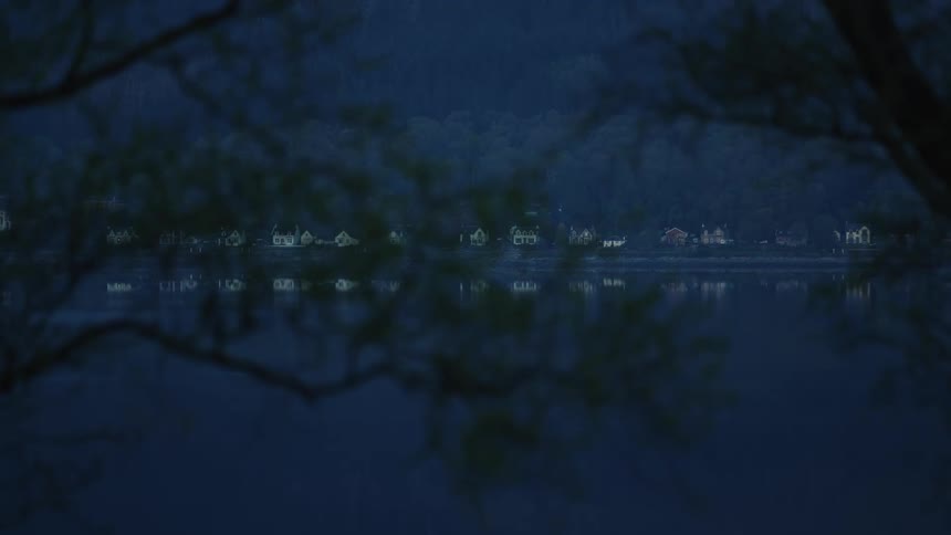 A distant row of houses is dimly visible across a lake at dusk framed by dark tree branches