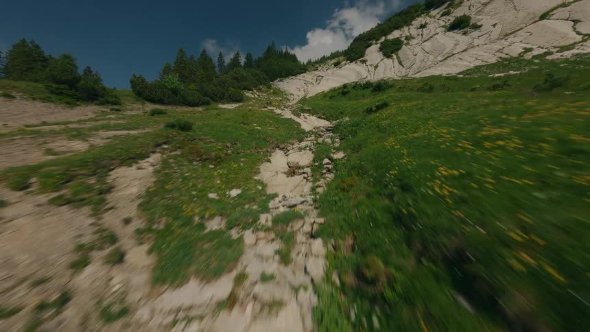Drone Ascending a Swiss Mountain Following a Small Valley