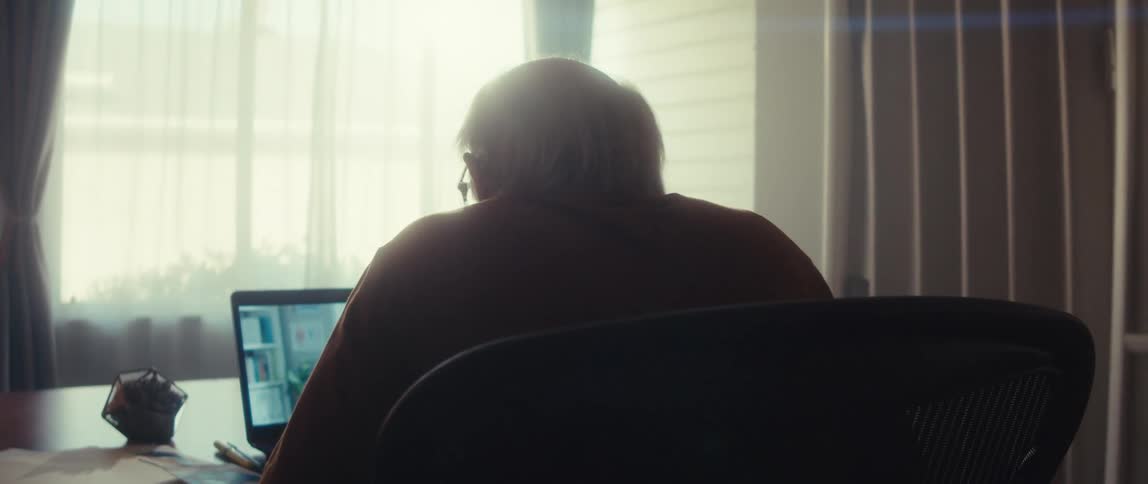 An elderly man sits in front of a computer in his living room on a video call with a woman around midday