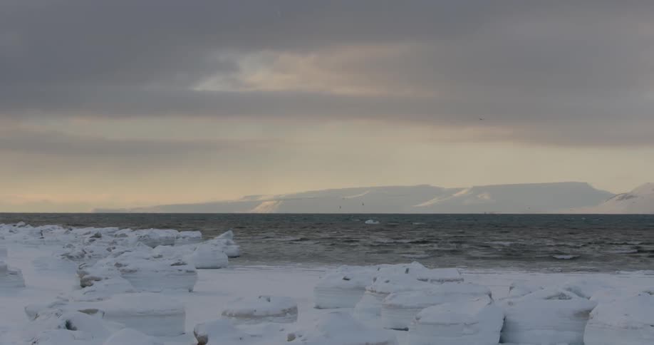 The shore is lined with ice and snow