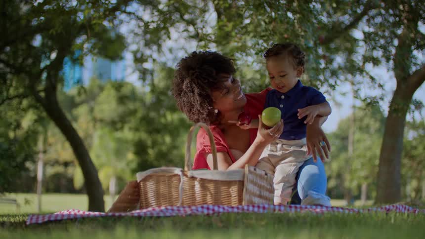 A mother hands her son an apple at a picnic