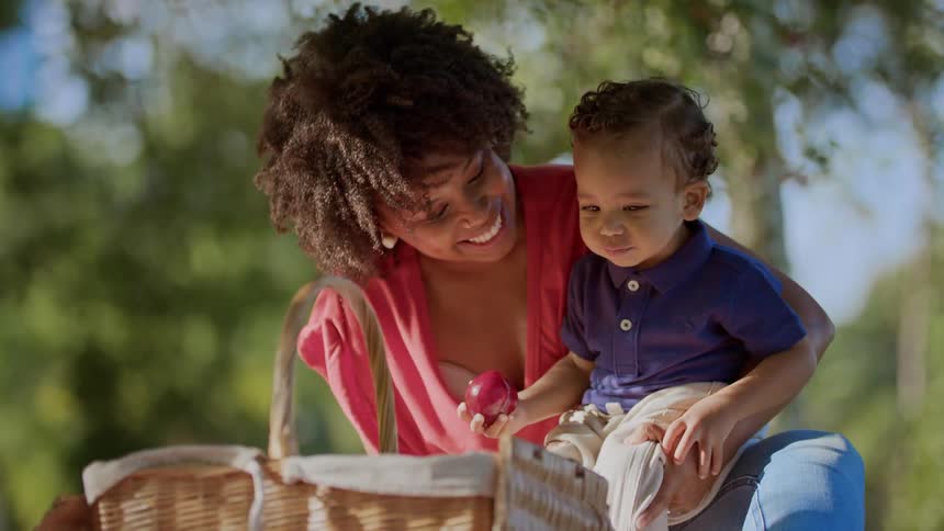 A woman and a young child enjoy a picnic together outdoors on a sunny day