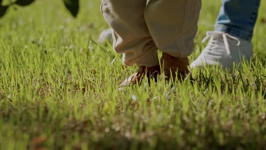 A mother helps her son walk on the grass