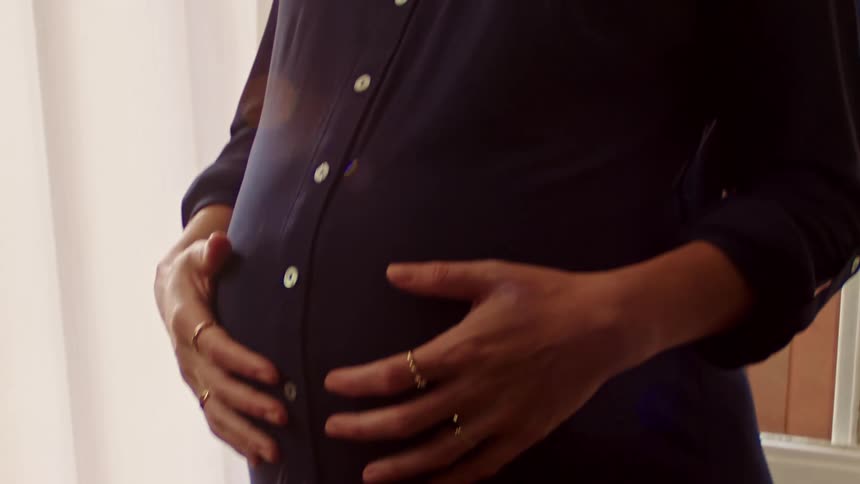 A smiling pregnant woman standing near a glass window at dawn with her hands on the belly