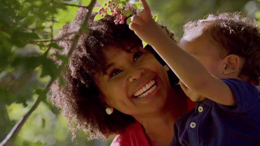 A smiling woman holds a toddler reaching for leaves on a sunlit tree branch
